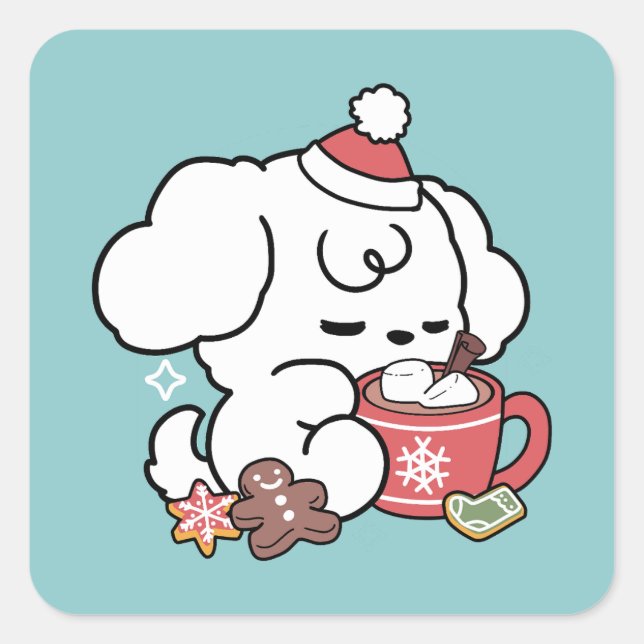 Cozy Puppy Dreams – Hot Chocolate and Christmas Square Sticker (Front)