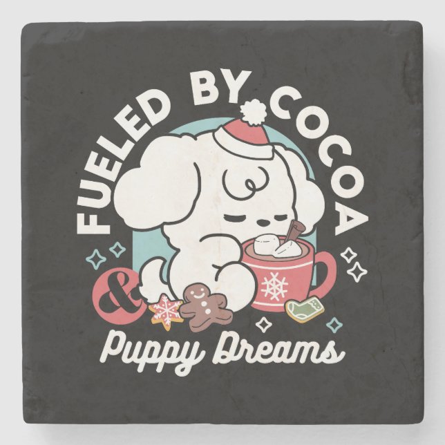 Cozy Puppy Dreams – Hot Chocolate and Christmas Stone Coaster (Front)
