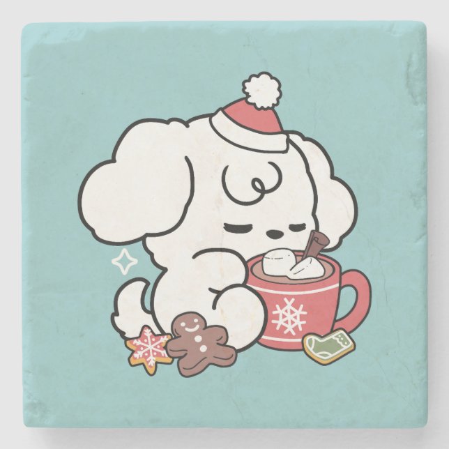 Cozy Puppy Dreams – Hot Chocolate and Christmas Stone Coaster (Front)