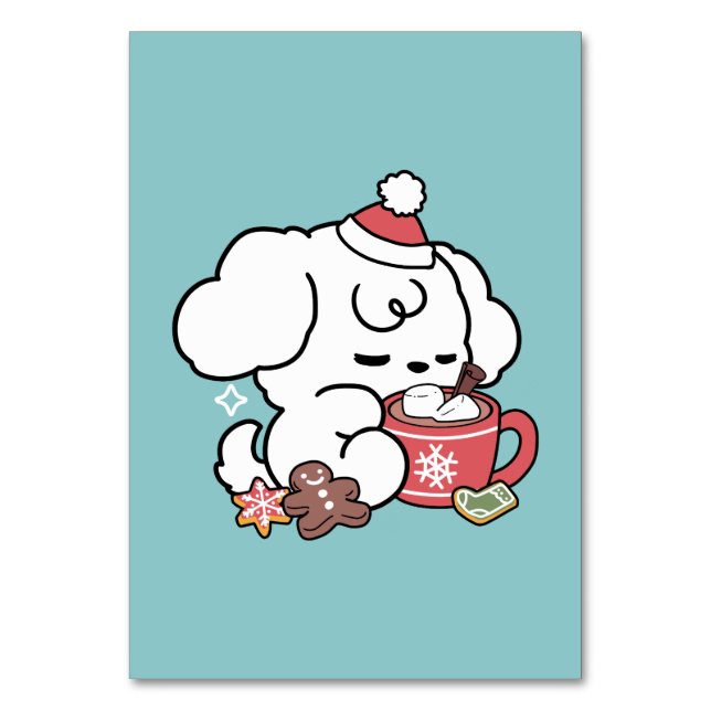 Cozy Puppy Dreams – Hot Chocolate and Christmas Table Number (Front)