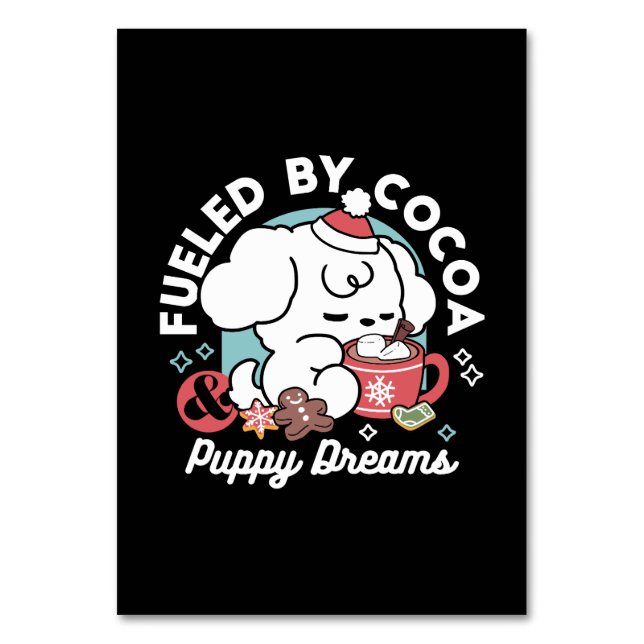 Cozy Puppy Dreams – Hot Chocolate and Christmas Table Number (Front)