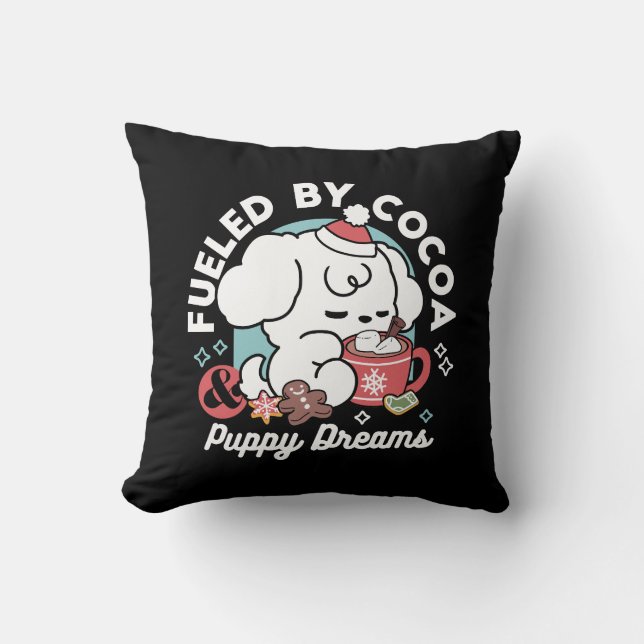 Cozy Puppy Dreams – Hot Chocolate and Christmas Throw Pillow (Front)