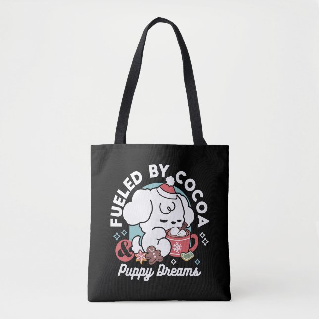 Cozy Puppy Dreams – Hot Chocolate and Christmas Tote Bag (Front)