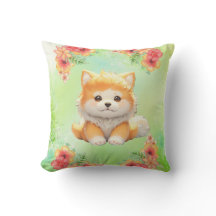 Cozy Puppy with Blooming Flowers Watercolor Art