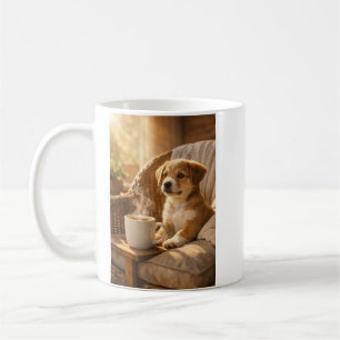 Cozy Puppy with Coffee Mug – Sunny Morning Design