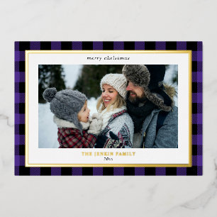 Cozy Purple Black Plaid Border 3 Photos Christmas Foil Holiday Card