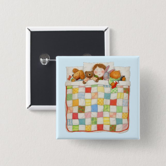 COZY QUILT Square Button Pin - Blue (Front & Back)