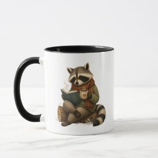 Cozy Raccoon Reading Book with Coffee Mug