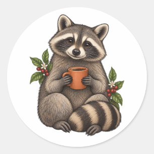 Cozy Raccoon with Coffee and Botanical Leaves Classic Round Sticker