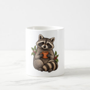 Cozy Raccoon with Coffee and Botanical Leaves Mug