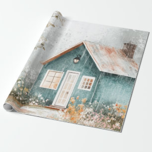 Cozy Rainy Cottage Wildflower Garden Scene Wrapping Paper