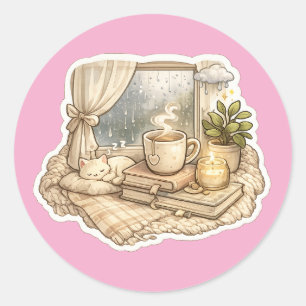 Cozy Rainy Day Cat Coffee Aesthetic Classic Round Sticker