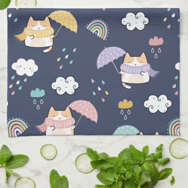 Cozy Rainy Day Pattern Kitchen Towel (Folded)