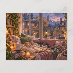 Cozy Rainy Day Reading Nook Postcard