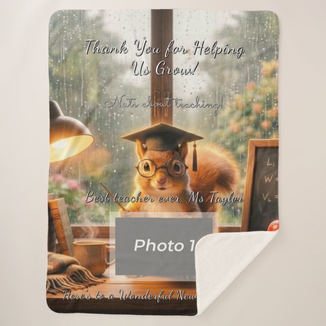 Cozy Rainy Day Squirrel Teacher Appreciation Sherpa Blanket (Front)