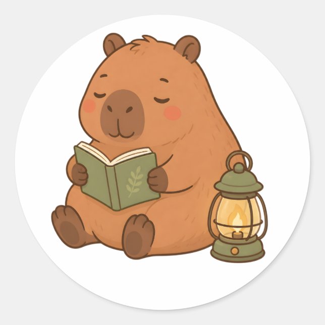 Cozy Reading Capybara by Lantern Cute Sticker Gift (Front)