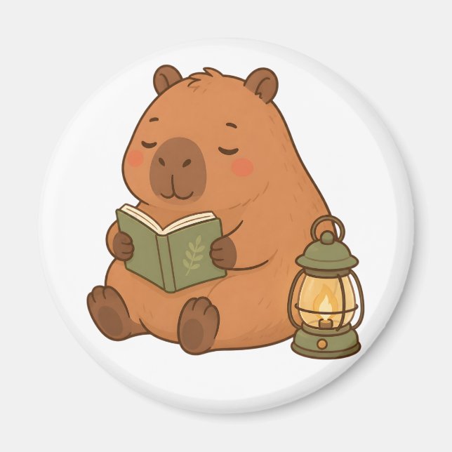 Cozy Reading Capybara Lantern Kawaii Fridge Magnet (Front)
