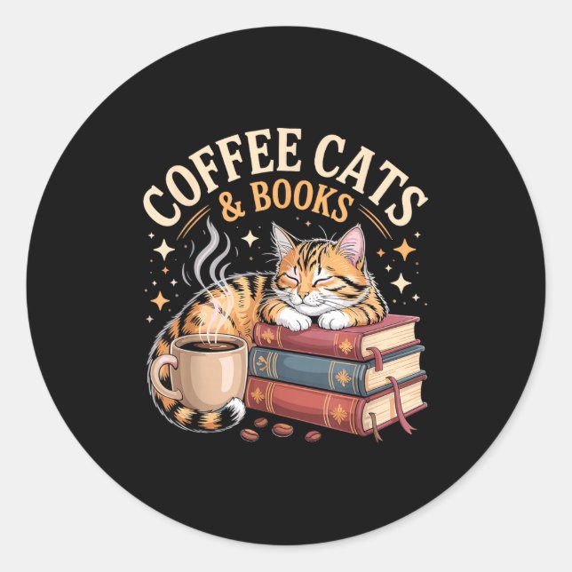 Cozy Reading Cat Coffee And Books Lover Artwork  Classic Round Sticker (Front)