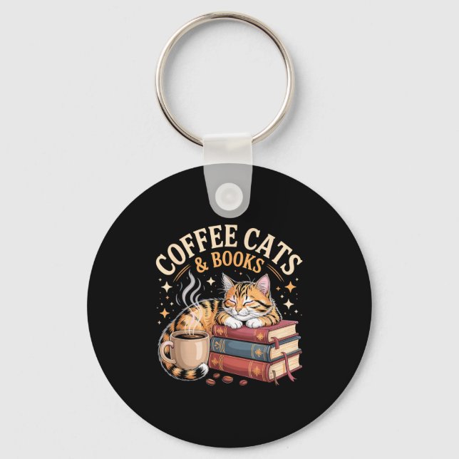 Cozy Reading Cat Coffee And Books Lover Artwork  Keychain (Front)