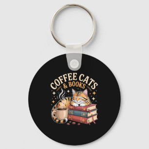 Cozy Reading Cat Coffee And Books Lover Artwork Keychain