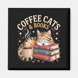 Cozy Reading Cat Coffee And Books Lover Artwork  Magnet