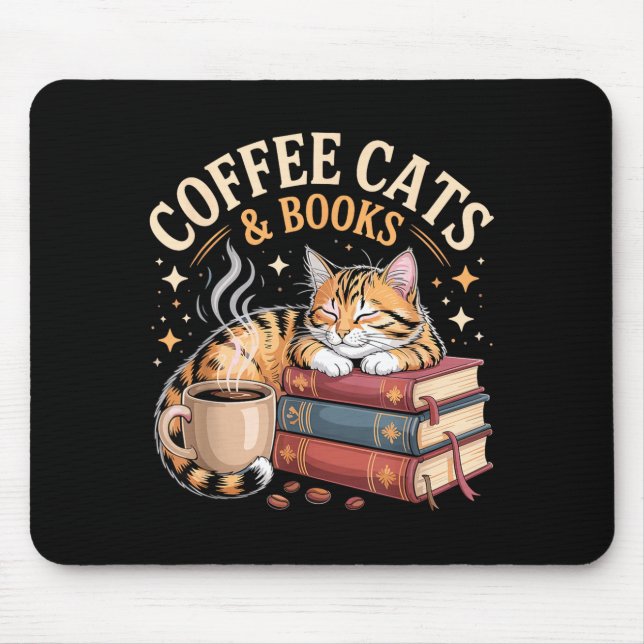 Cozy Reading Cat Coffee And Books Lover Artwork  Mouse Pad (Front)