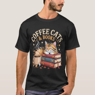 Cozy Reading Cat Coffee And Books Lover Artwork  T-Shirt