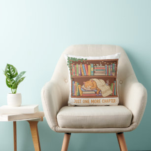 Cozy Reading Cat "Just One More Chapter" Book Love Throw Pillow