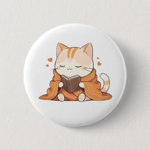 Cozy Reading Cat Kawaii Bookworm Kitten Design 2 Inch Round Button