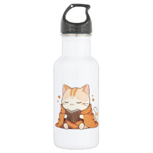 Cozy Reading Cat Kawaii Bookworm Kitten Design 532 Ml Water Bottle
