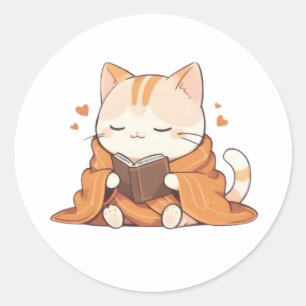 Cozy Reading Cat Kawaii Bookworm Kitten Design Classic Round Sticker