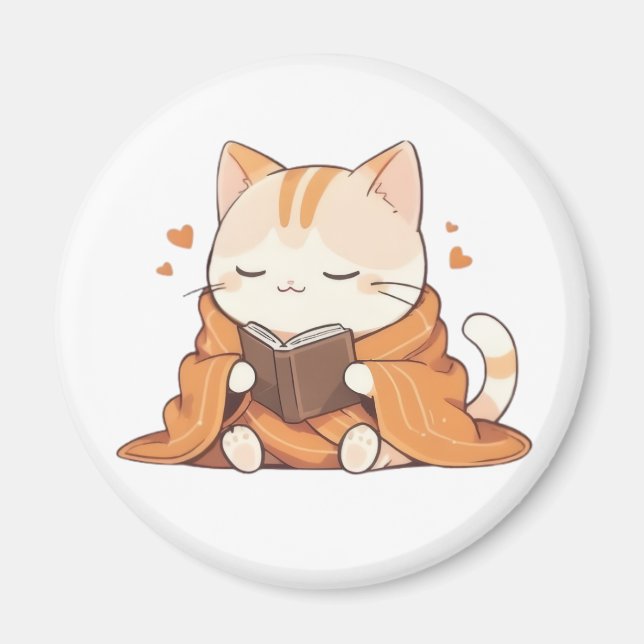 Cozy Reading Cat Kawaii Bookworm Kitten Design Magnet (Front)