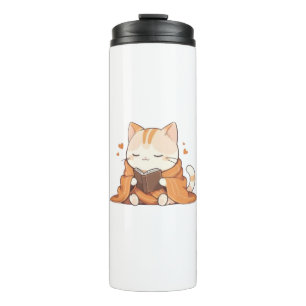Cozy Reading Cat Kawaii Bookworm Kitten Design Thermal Tumbler