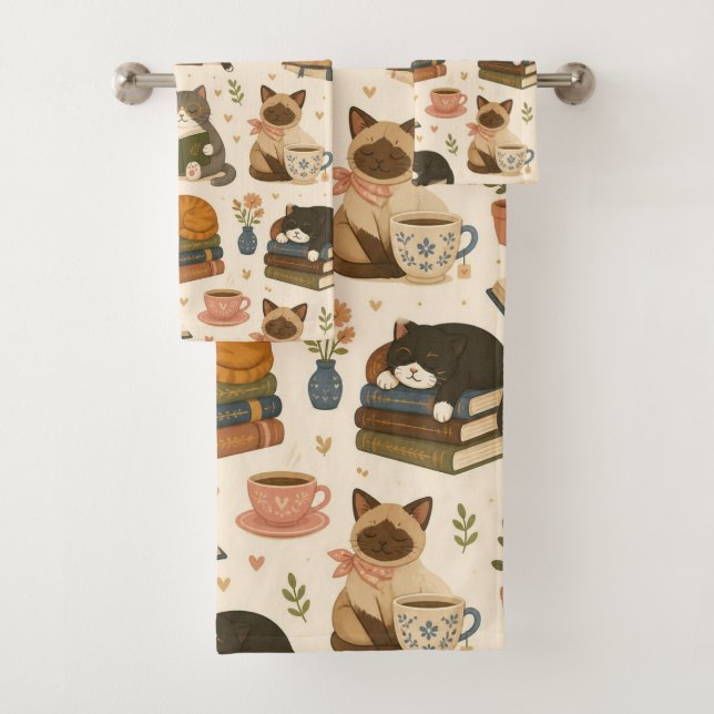 Cozy Reading Cats and Coffee Bookworm Bath Towel Set (Insitu)