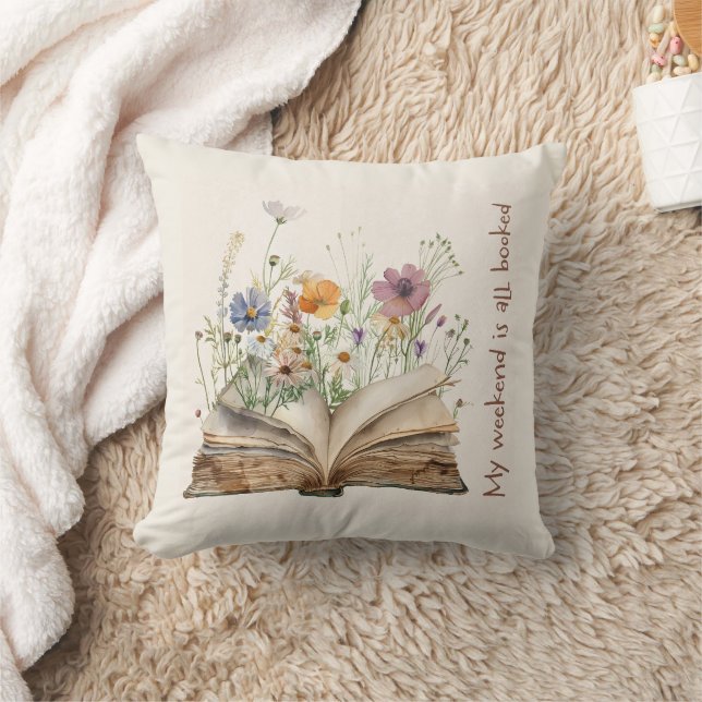 Cozy Reading Decor with Open Book & Garden Design Throw Pillow (Blanket)