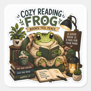 Cozy Reading Frog – Books • Tea • Peace Square Sticker