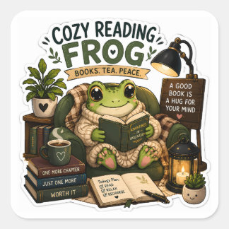 Cozy Reading Frog – Books • Tea • Peace Square Sticker