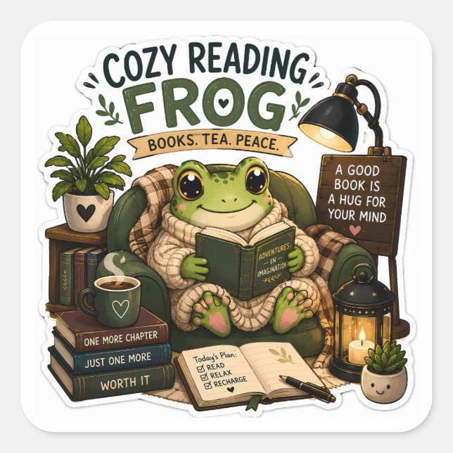 Cozy Reading Frog – Books • Tea • Peace Square Sticker (Front)