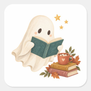 Cozy Reading Ghost with Teal Book and Cocoa Square Sticker
