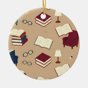 Cozy Reading Nook Books Pattern Ceramic Ornament