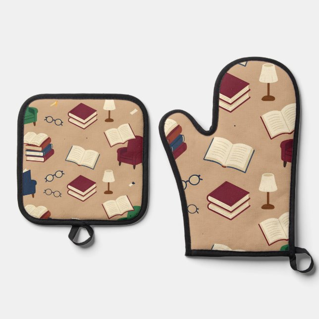 Cozy Reading Nook Books Pattern Oven Mitt & Pot Holder Set (Front)