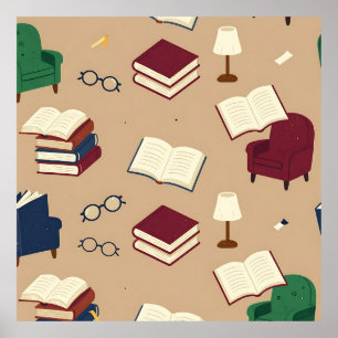 Cozy Reading Nook Books Pattern Poster