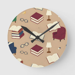 Cozy Reading Nook Books Pattern Round Clock