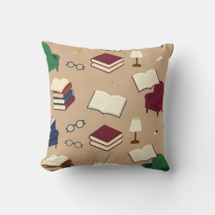 Cozy Reading Nook Books Pattern Throw Pillow