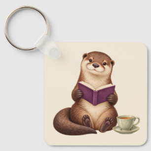 Cozy Reading Otter with Purple Book and Tea Keychain