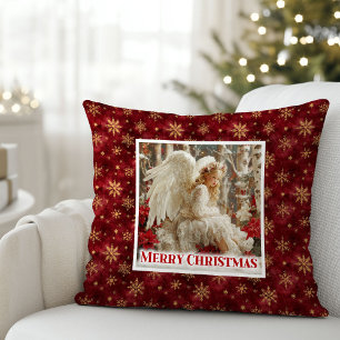 Cozy Red and Gold Angel Art Victorian Christmas  Throw Pillow