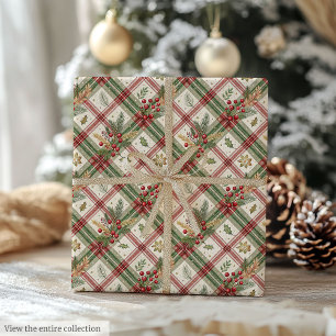 Cozy red and green watercolor holly berry wrap wrapping paper