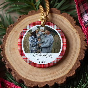 Cozy Red and White Plaid fabric Family Photo Ceramic Ornament