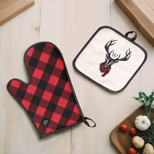Cozy Red & Black Buffalo Plaid Deer Monogram Oven Mitt & Pot Holder Set