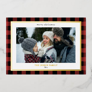 Cozy Red Black Plaid Border 3 Photos Christmas Foil Holiday Card